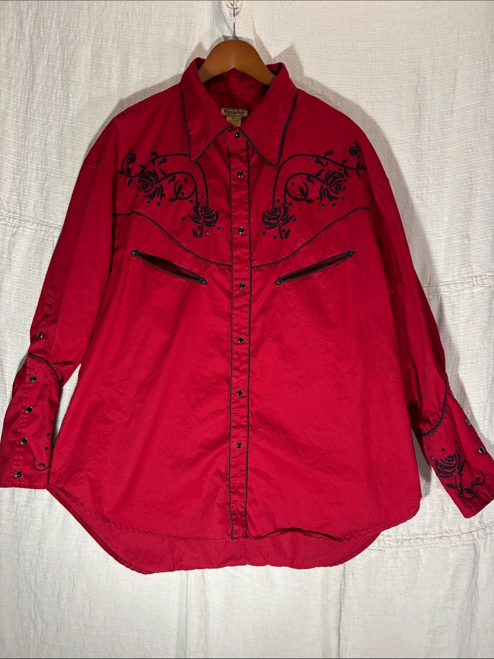 VTG Alan Jackson Collection Red Western Pearl Snap Shirt Rose Embroidered XL EUC